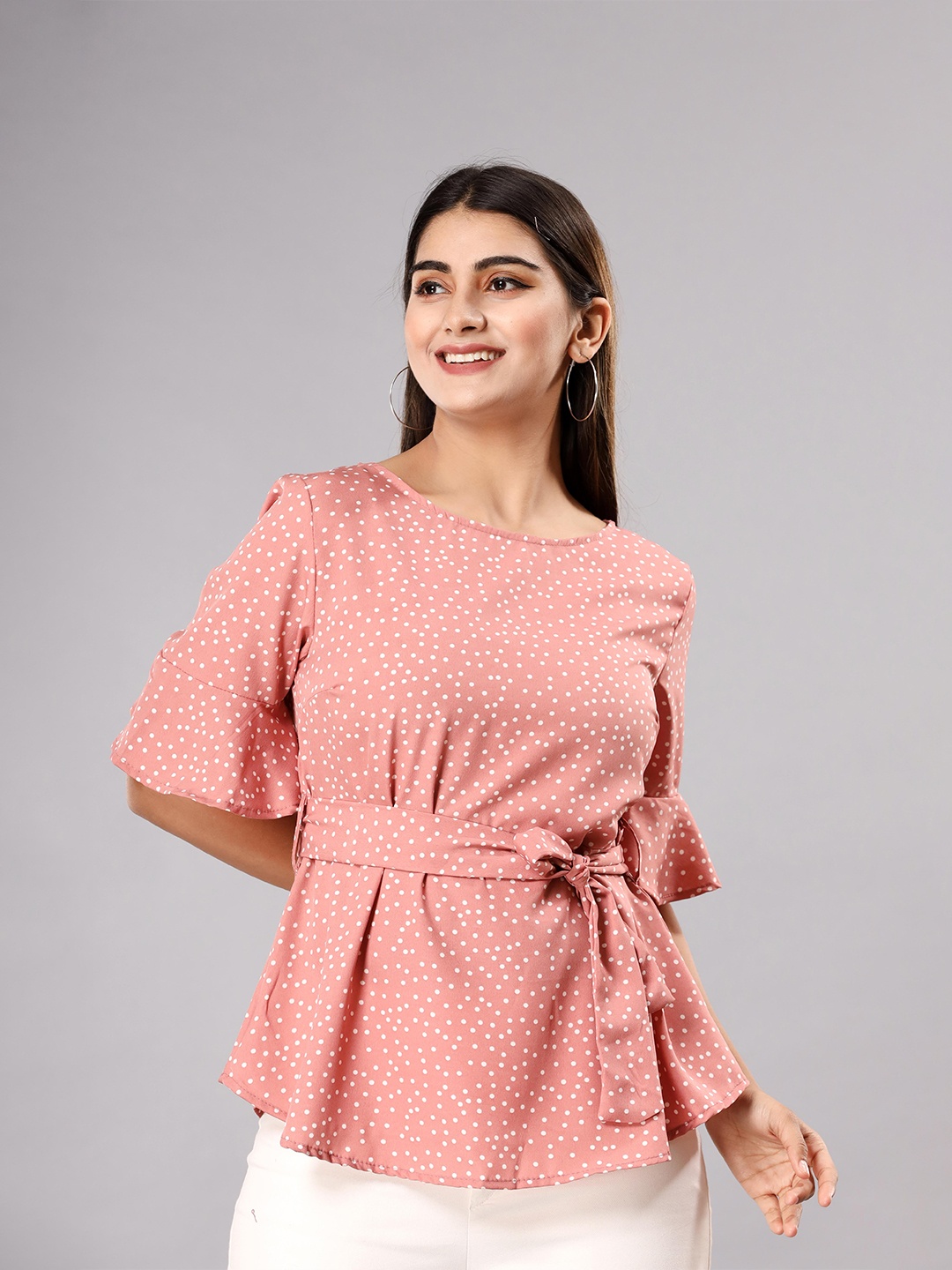 

Fab Star Polka Dots Printed Bell Sleeves Cinched Waist Top, Pink