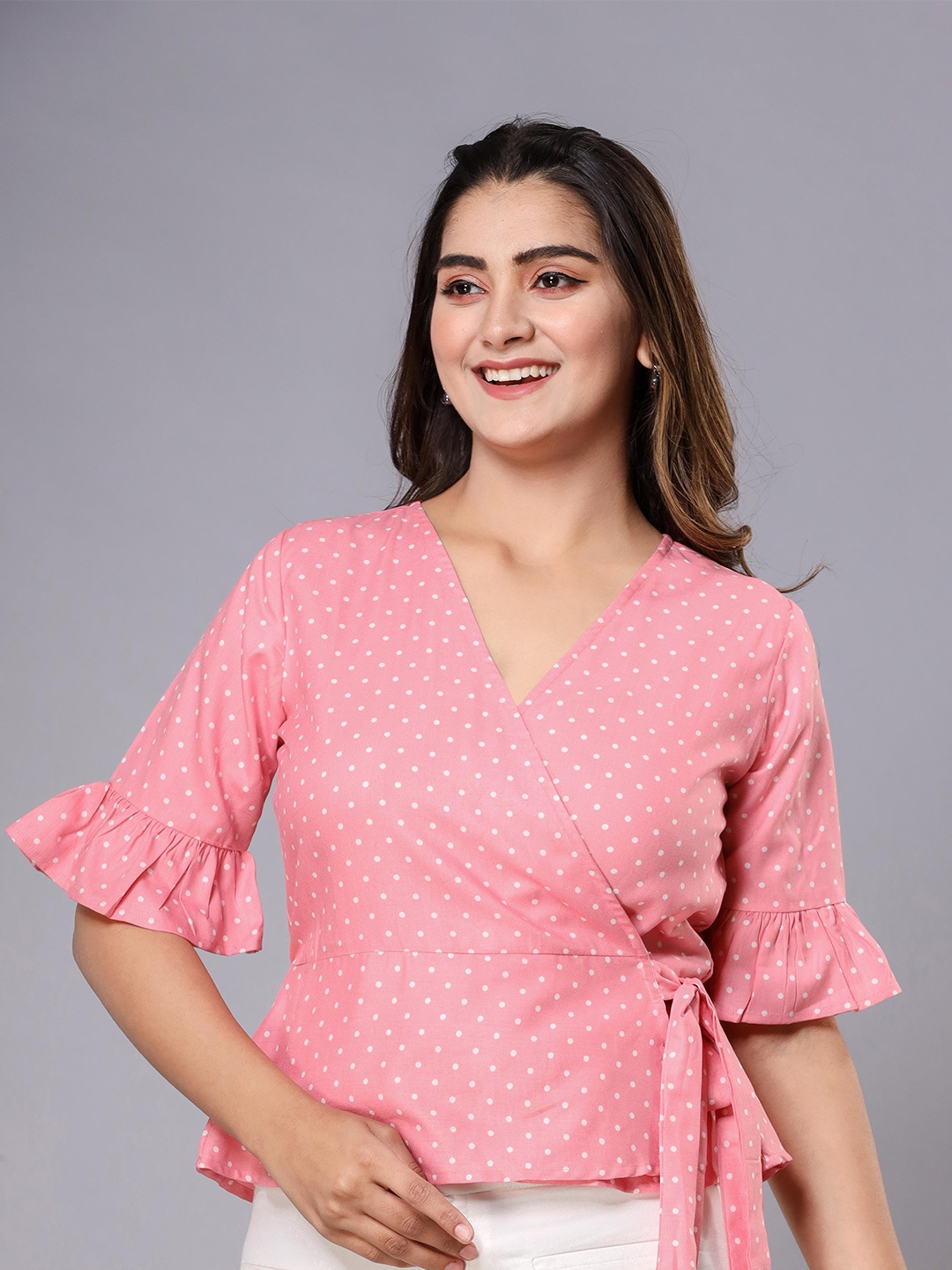 

Fab Star Polka Dots Printed Bell Sleeves Wrap Top, Pink