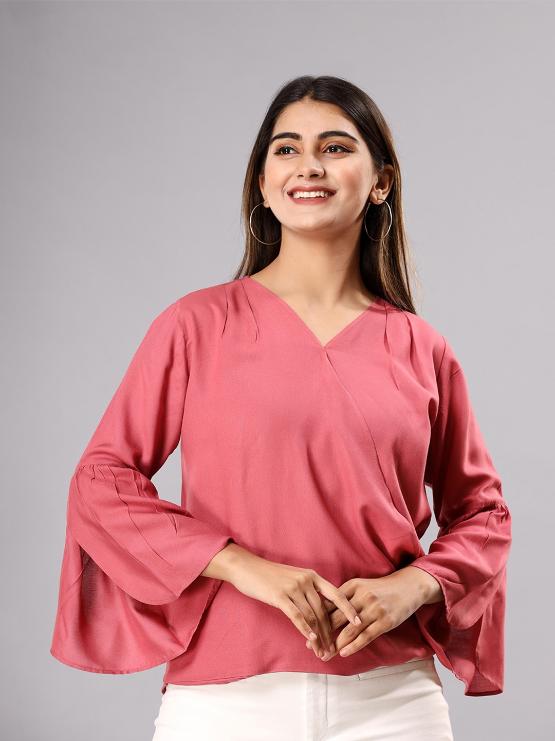 

Fab Star V-Neck Bell Sleeves Wrap Top, Pink
