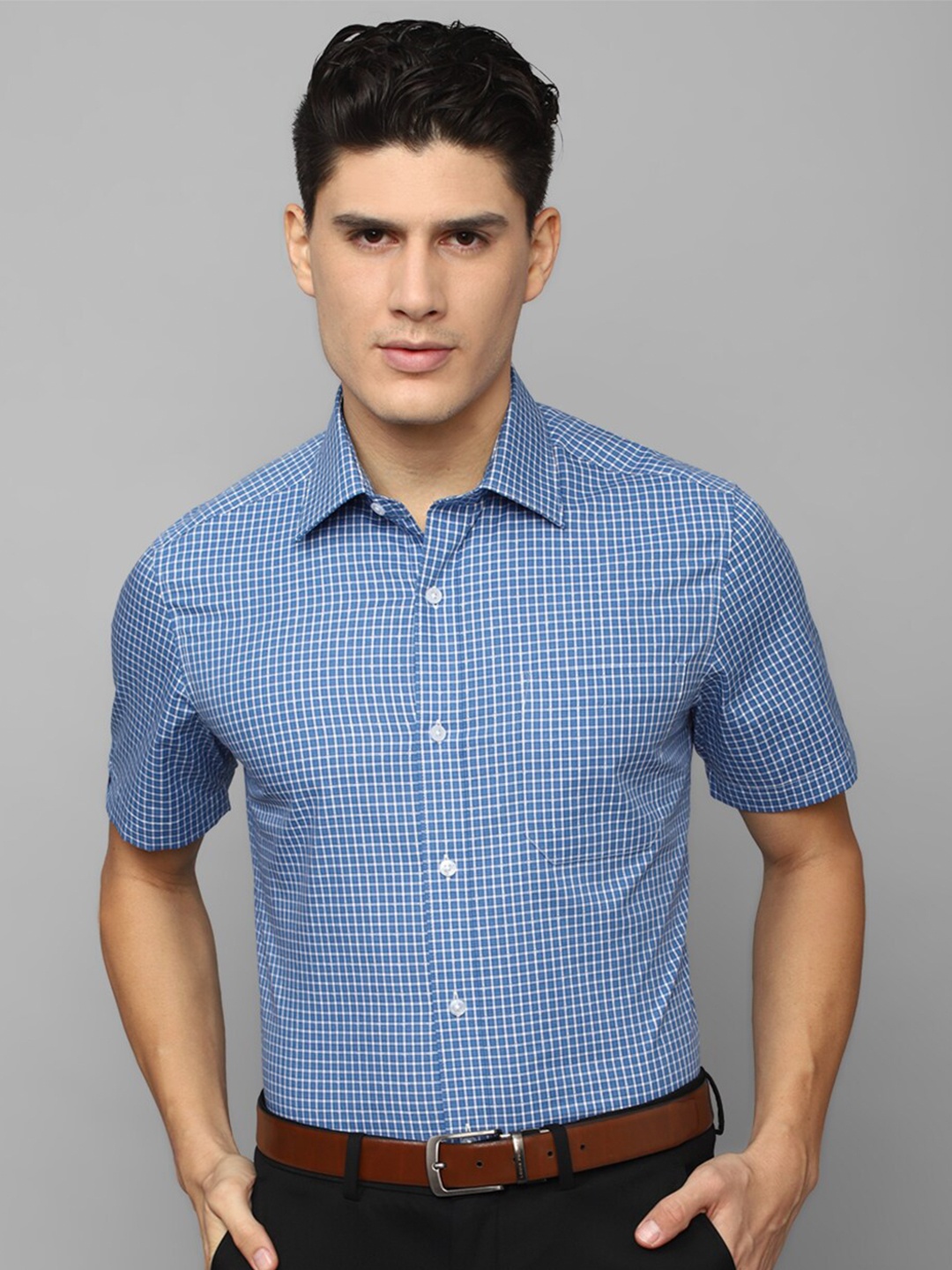 

Louis Philippe Men Micro Checks Formal Pure Cotton Shirt, Blue