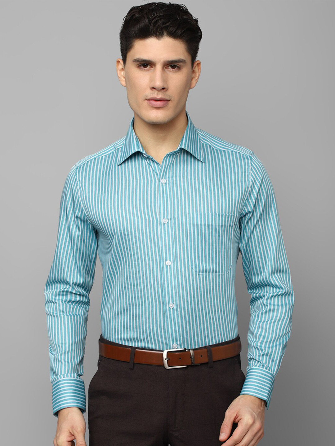 

Louis Philippe Men Striped Formal Cotton Shirt, Turquoise blue