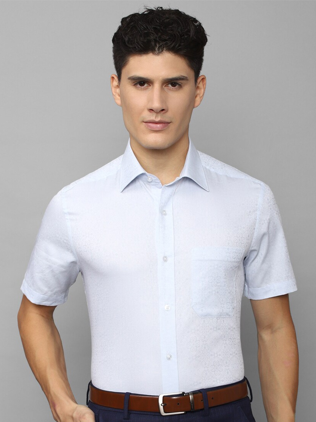 

Louis Philippe Men Self Design Spread Collar Formal Cotton Shirt, Blue