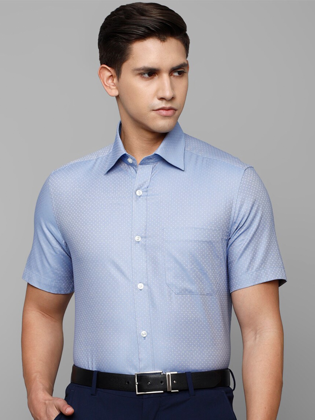 

Louis Philippe Men Micro Ditsy Printed Formal Pure Cotton Shirt, Blue