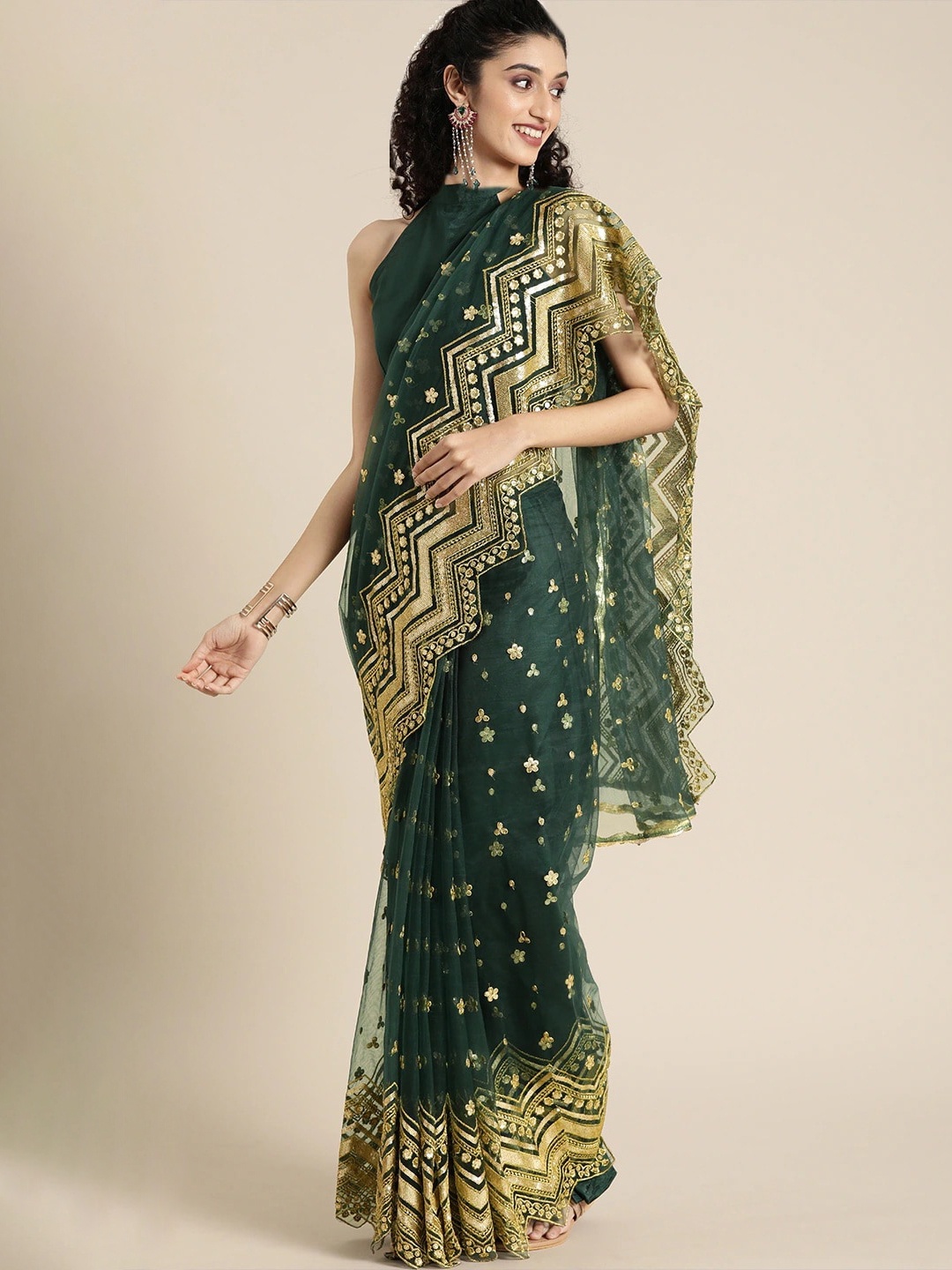 

Fashionuma Sequinned Heavy Work Net Saree, Green