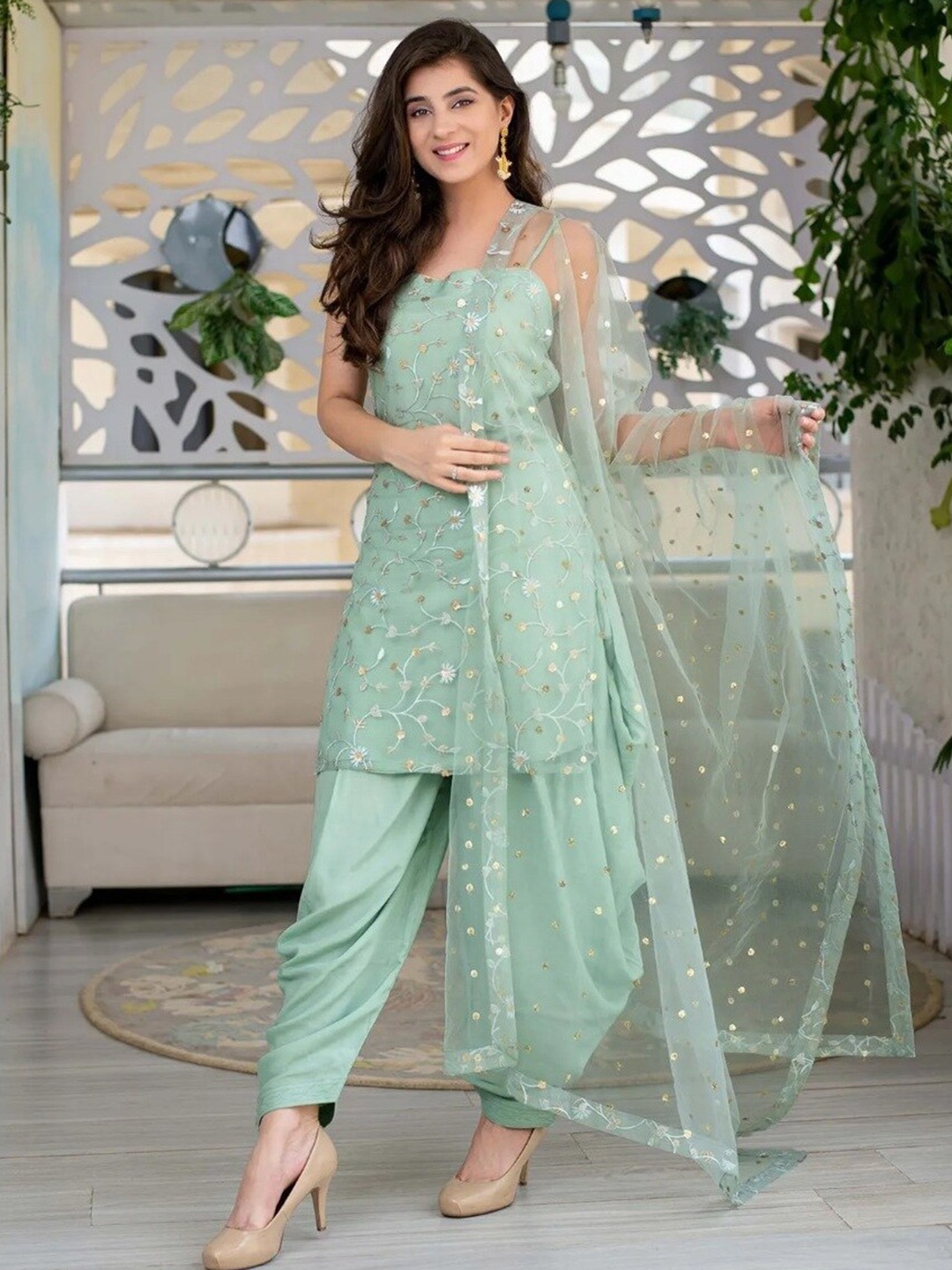 

Fashionuma Embroidered Semi-Stitched Dress Material, Sea green