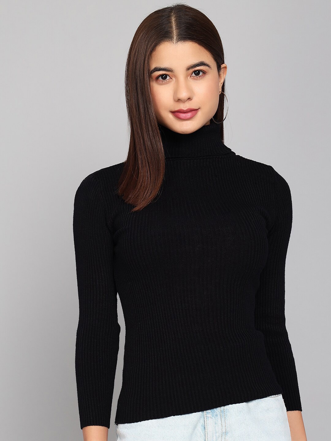 

Darzi Women Turtle Neck Ribbed Acrylic Pullover Sweater, Black