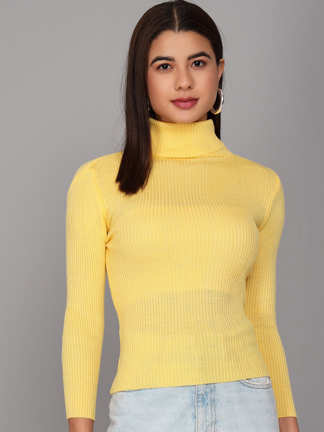 

Darzi Women Turtle Neck Ribbed Acrylic Pullover Sweater, Yellow