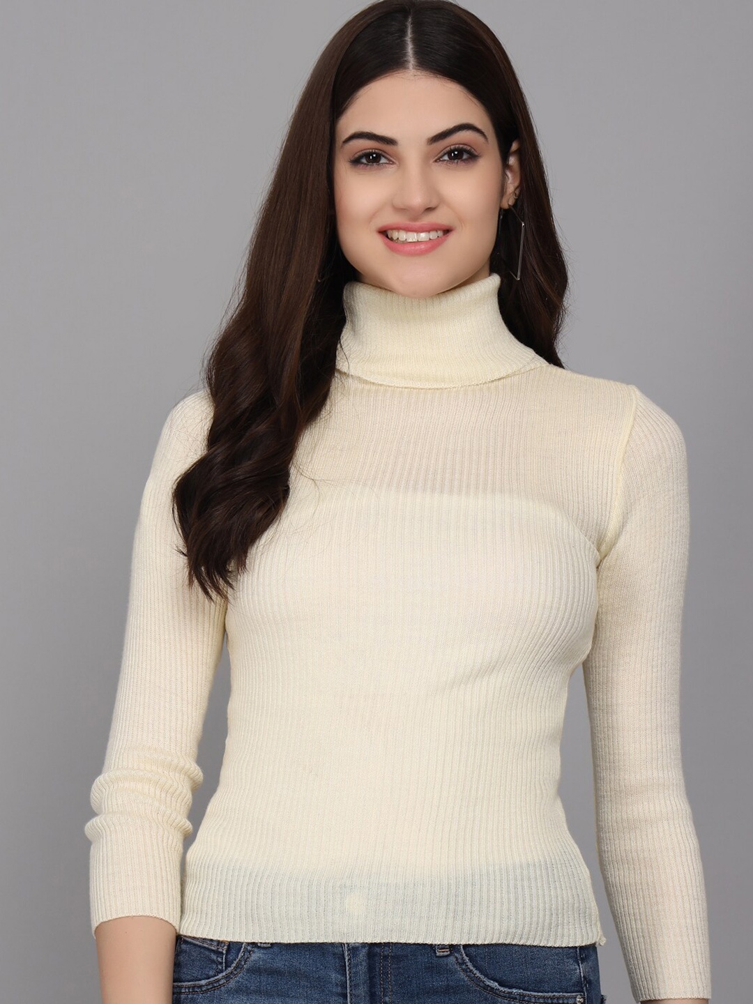 

Darzi Women Turtle Neck Ribbed Acrylic Pullover Sweater, White