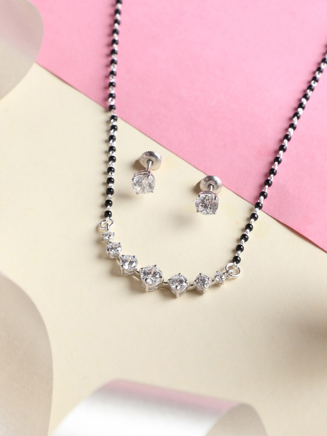 

Clara 925 Sterling Silver & Rhodium-Plated Stones Studded Mangalsutra and Earrings, White