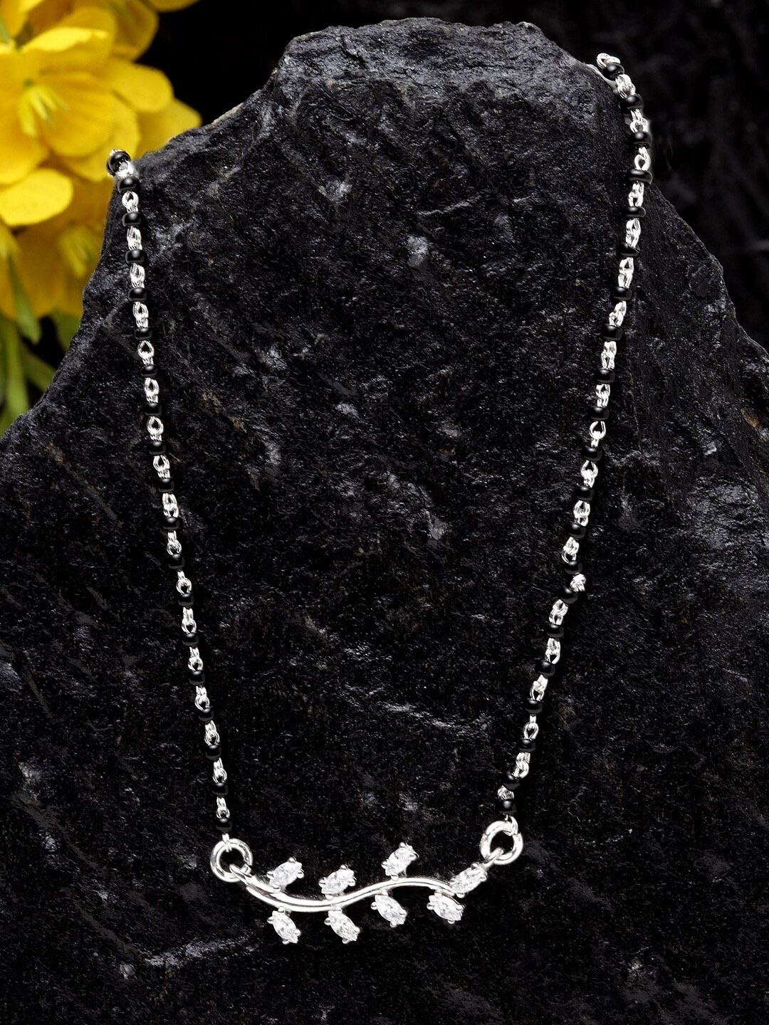 

Clara 925 Sterling Silver & Rhodium-Plated Stone Studded & Beaded Mangalsutra, White