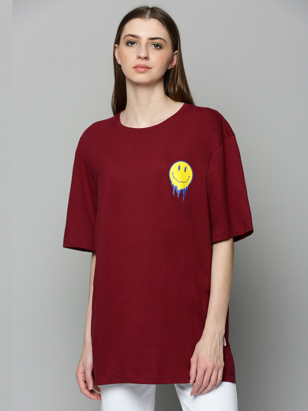 

JUNEBERRY Women Drop-Shoulder Sleeves Pure Cotton Oversize T-shirt, Maroon