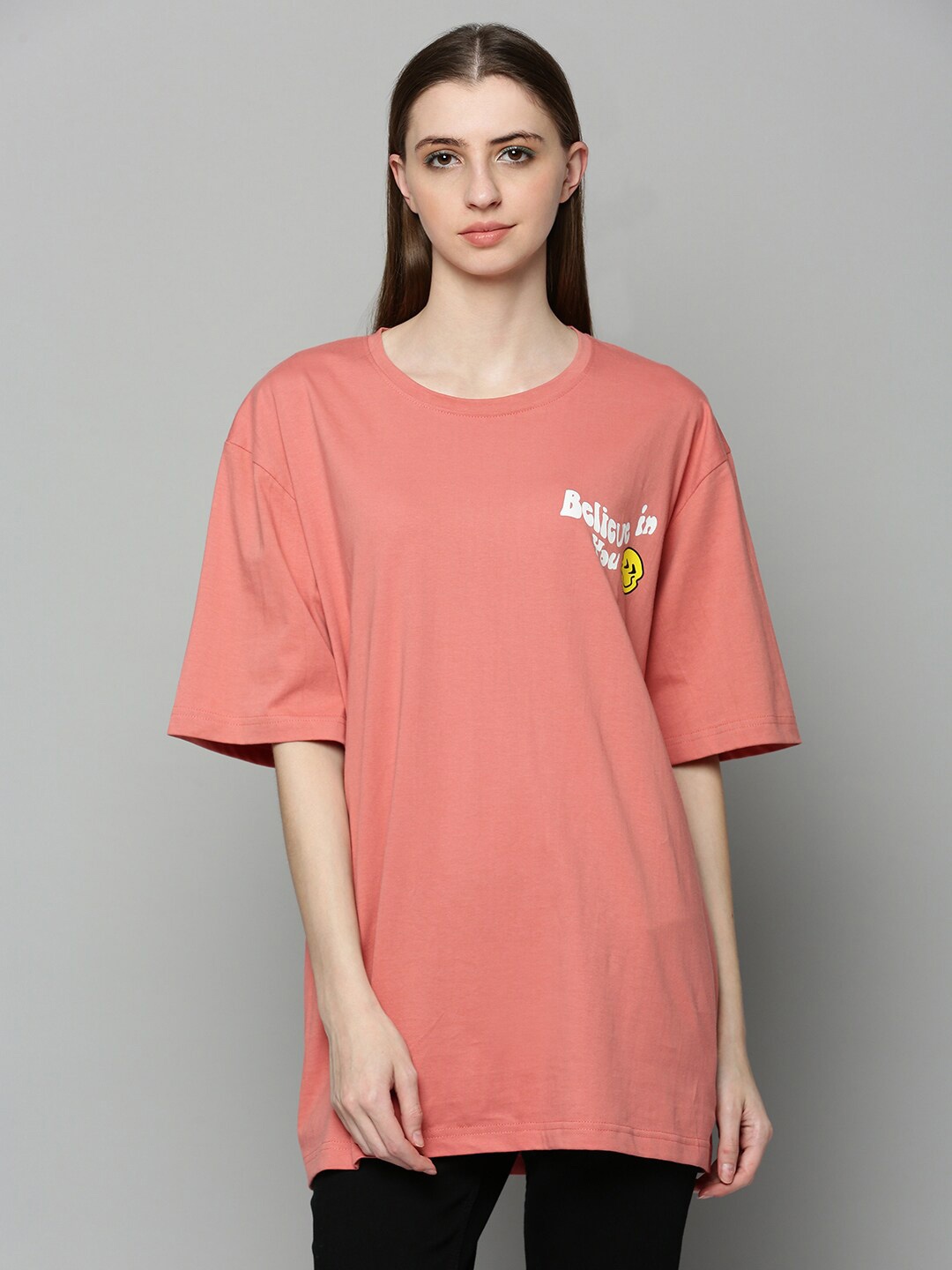 

JUNEBERRY Women Printed Pure Cotton Oversize T-shirt, Peach