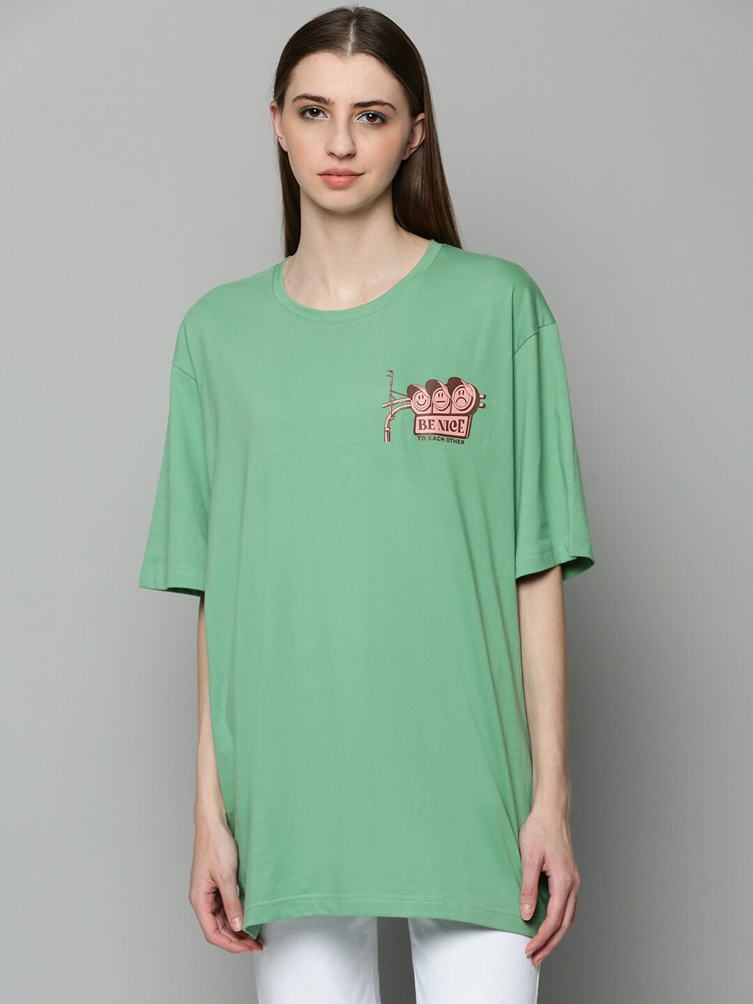 

JUNEBERRY Women Drop Shoulders Sleeves Pure Cotton Oversize T-shirt, Green