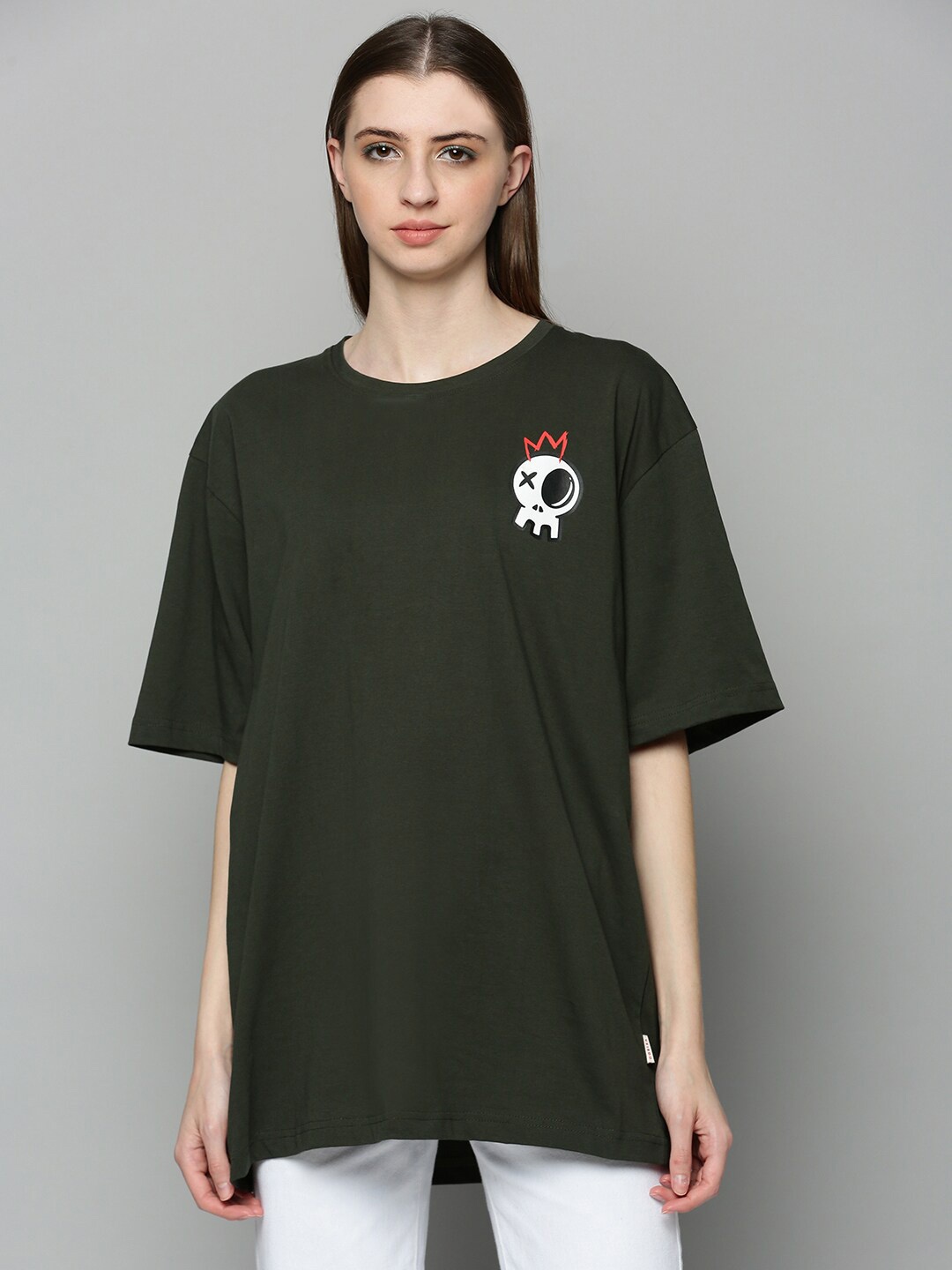 

JUNEBERRY Women Drop-Shoulder Sleeves Pure Cotton Oversize T-shirt, Olive