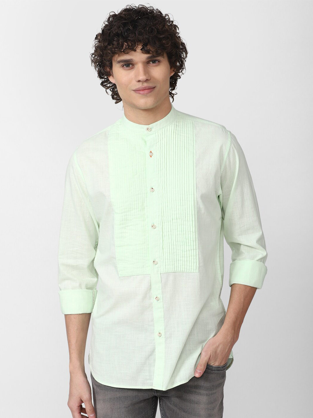 

Peter England Casuals Men Mandarin Collar Slim Fit Casual Cotton Shirt, Green