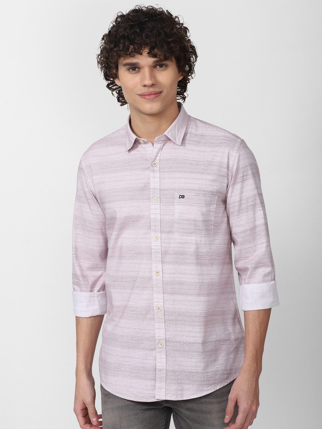 

Peter England Casuals Men Slim Fit Horizontal Striped Cotton Casual Shirt, Pink