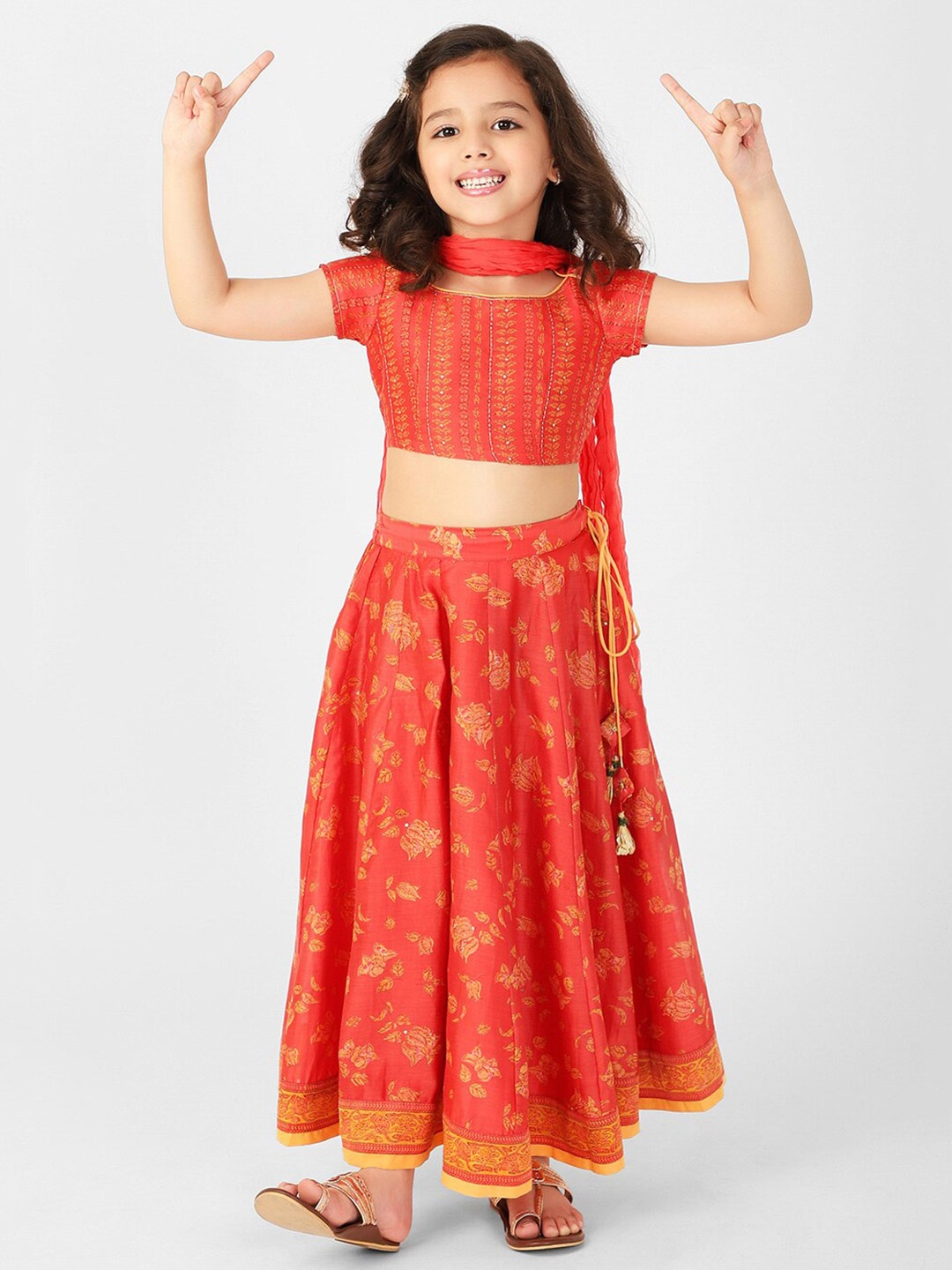 

Fabindia Girls Printed Block Print Ready to Wear Lehenga & Blouse With Dupatta, Red