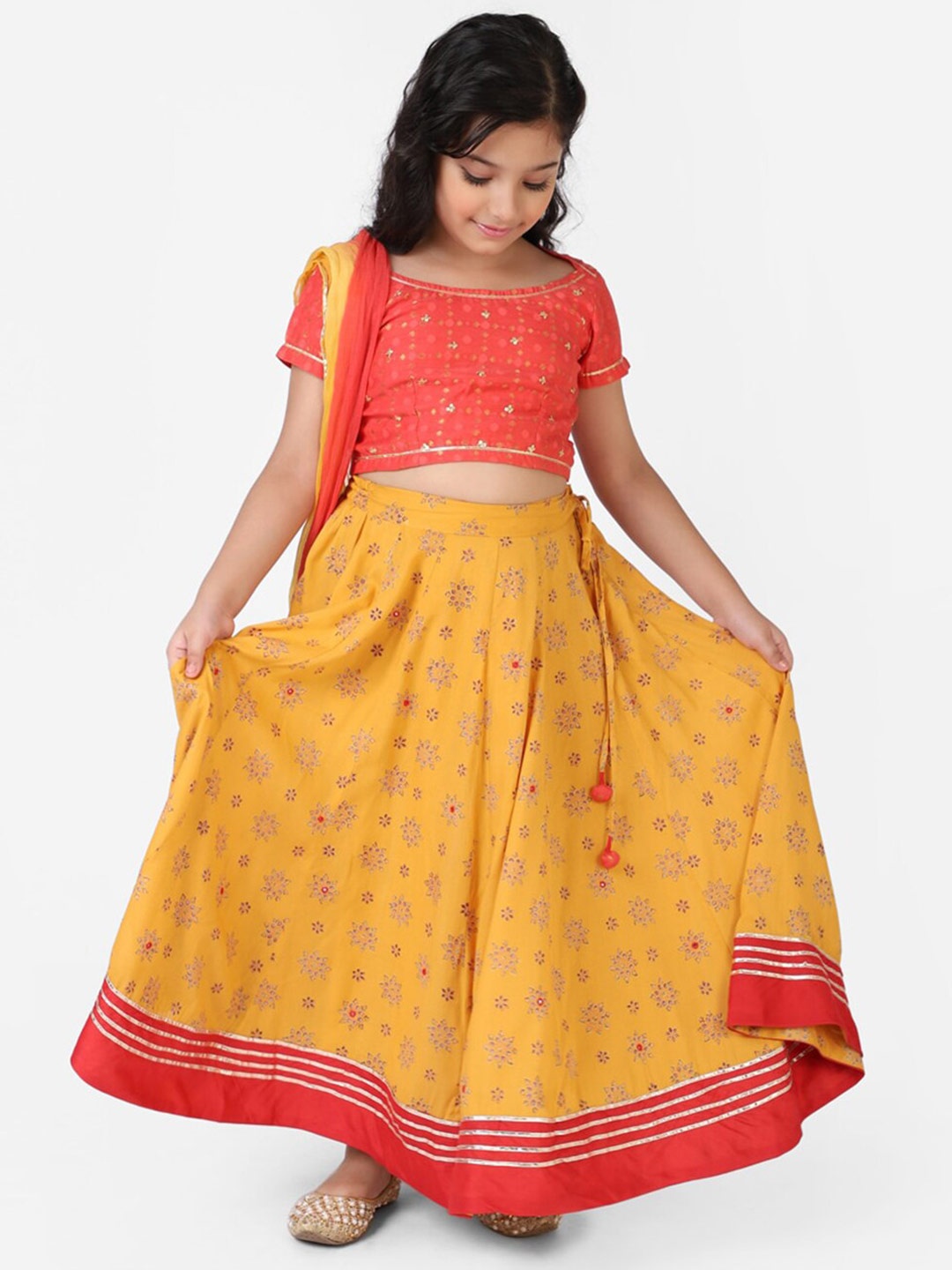 

Fabindia Girls Embroidered Cotton Ready to Wear Lehenga & Blouse With Dupatta, Coral