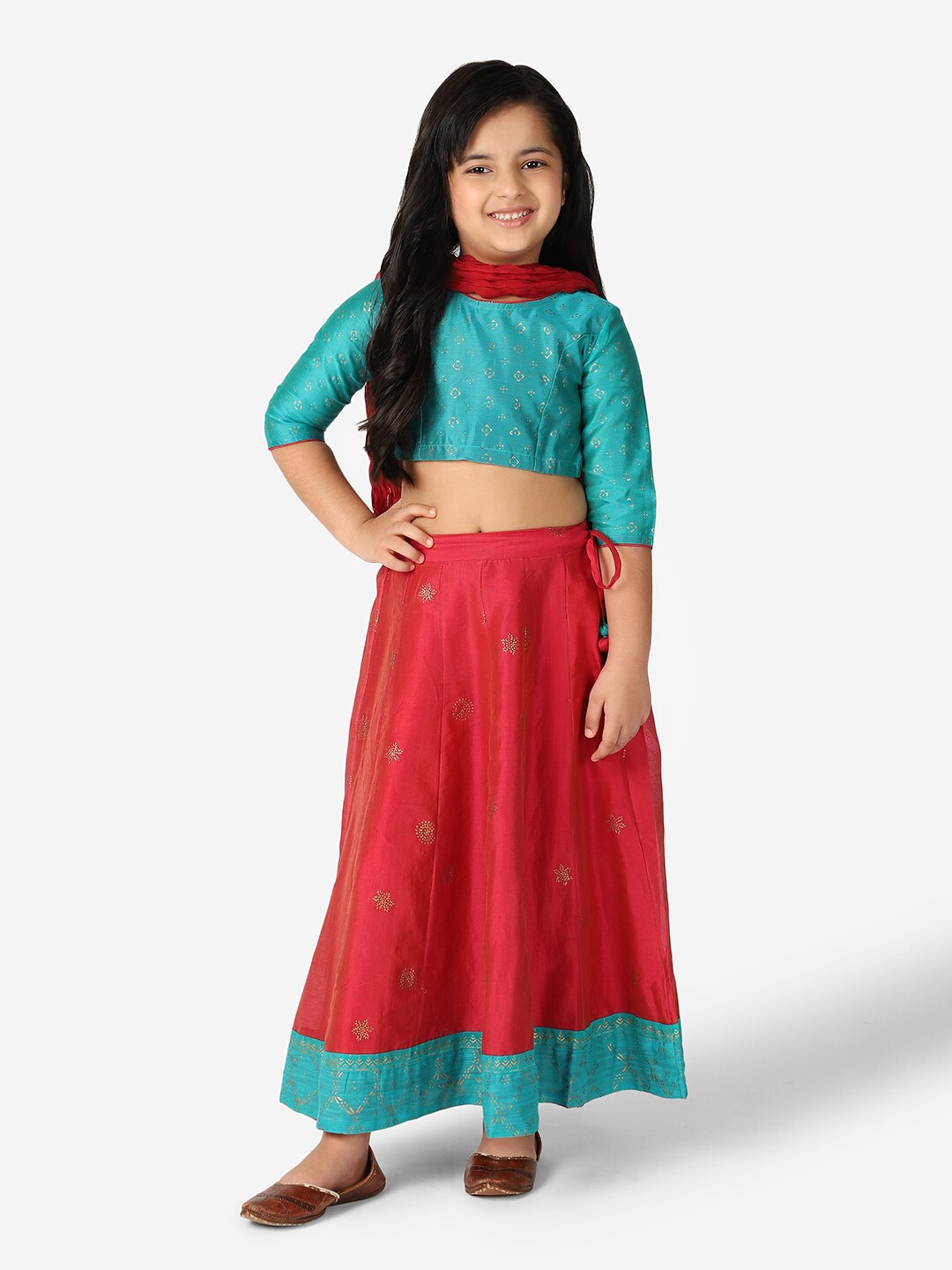 

Fabindia Girls Printed Cotton Ready to Wear Lehenga & Blouse With Dupatta, Red