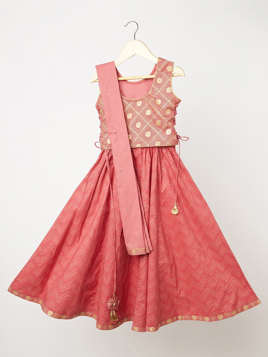 

Fabindia Girls Printed Cotton Ready to Wear Lehenga & Blouse With Dupatta, Pink