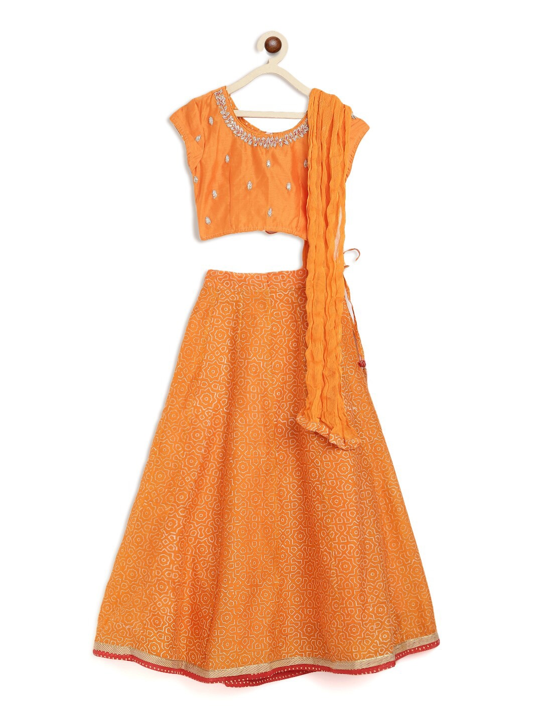 

Fabindia Girls Printed Block Print Ready to Wear Lehenga & Blouse With Dupatta, Orange