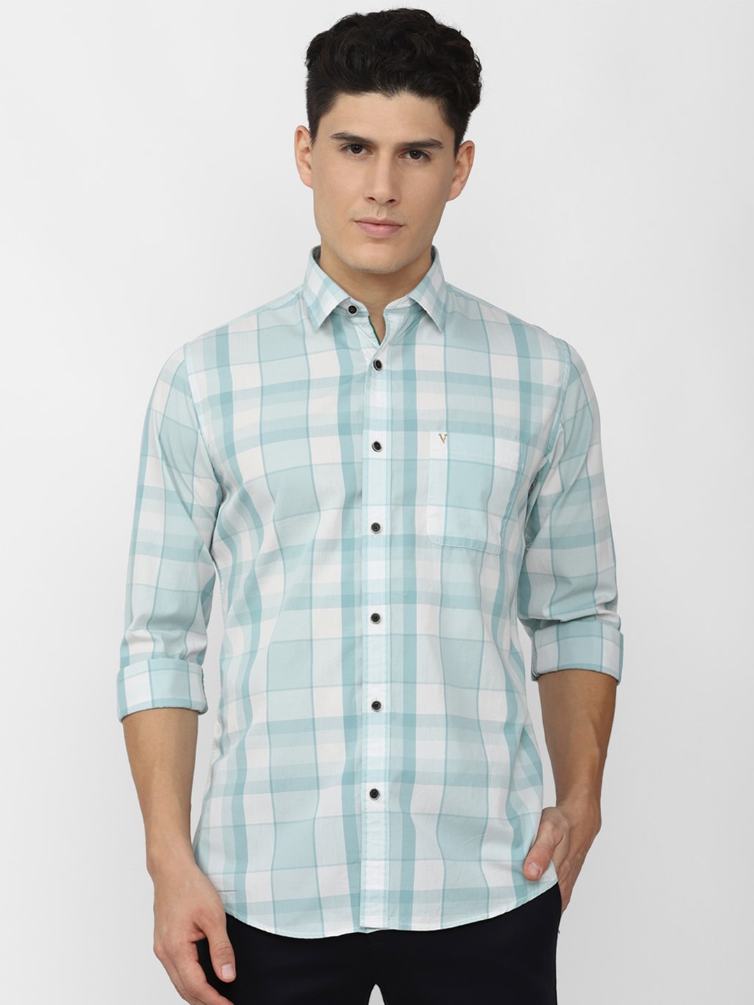 

Van Heusen Sport Men Slim Fit Checked Casual Pure Cotton Shirt, Blue