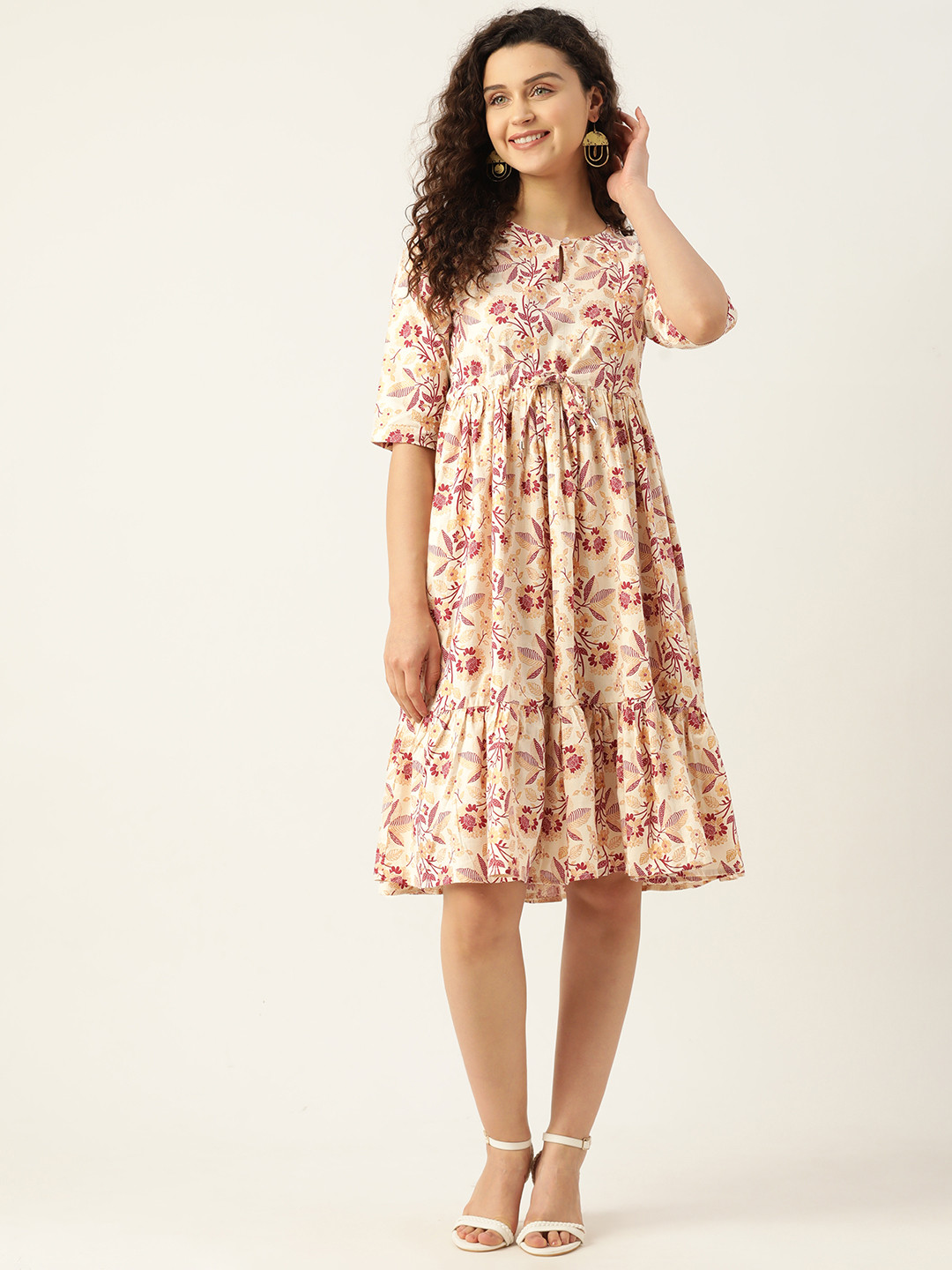 

WISSTLER Floral A-Line Midi Dress, Beige