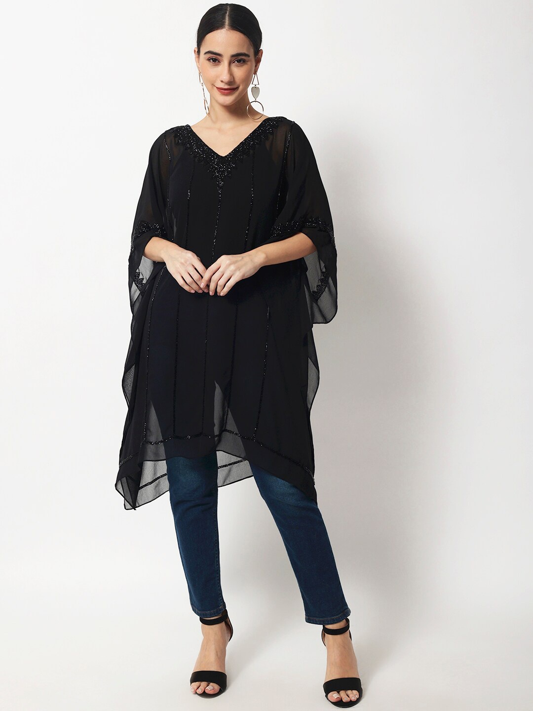 

LE BOURGEOIS Embroidered V Neck Kaftan Dress, Black
