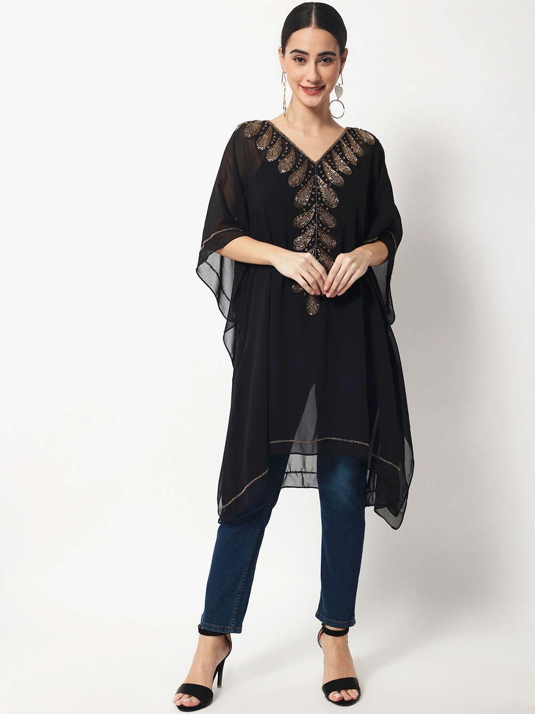 

LE BOURGEOIS Embroidered V Neck Kaftan Dress, Black