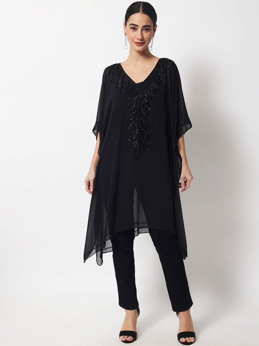 

LE BOURGEOIS Embroidered V Neck Kaftan Dress, Black