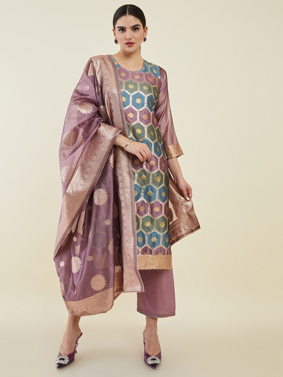 

Soch Geometric Printed Pure Silk Unstitched Dress Material, Purple