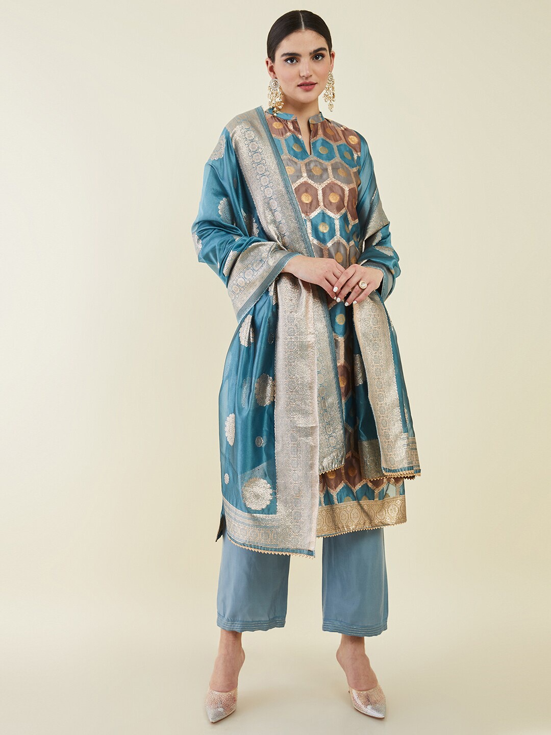 

Soch Printed Pure Silk Unstitched Dress Material, Blue