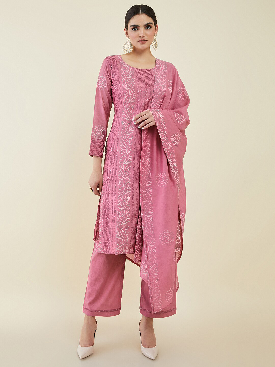 

Soch Ethnic Embroidery Batik Printed Chanderi Unstitched Dress Material, Pink
