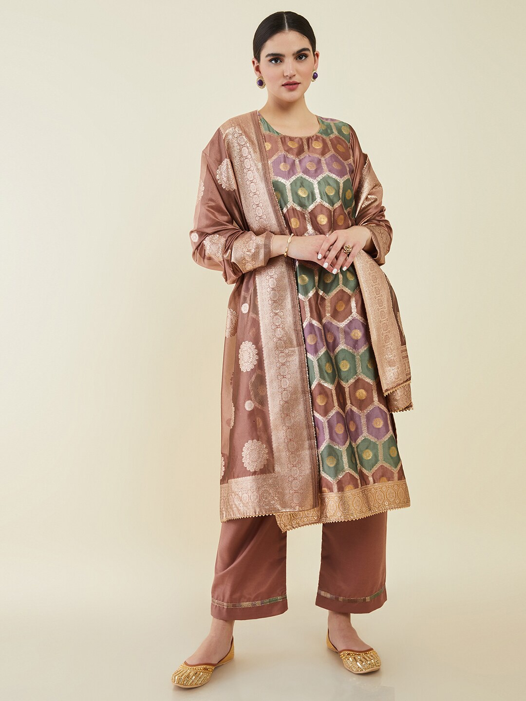 

Soch Printed Pure Silk Unstitched Dress Material, Brown