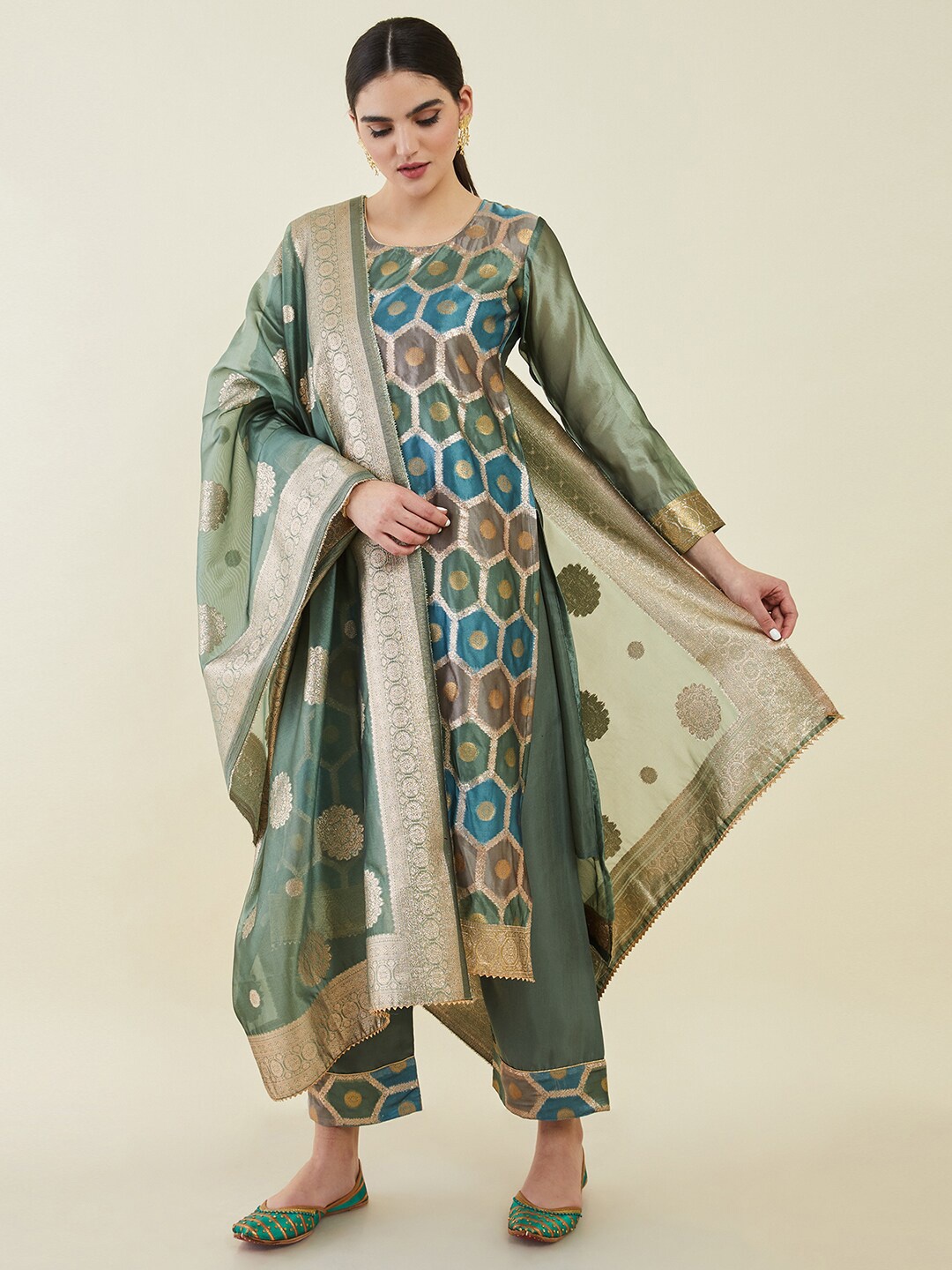 

Soch Printed Pure Silk Unstitched Dress Material, Olive