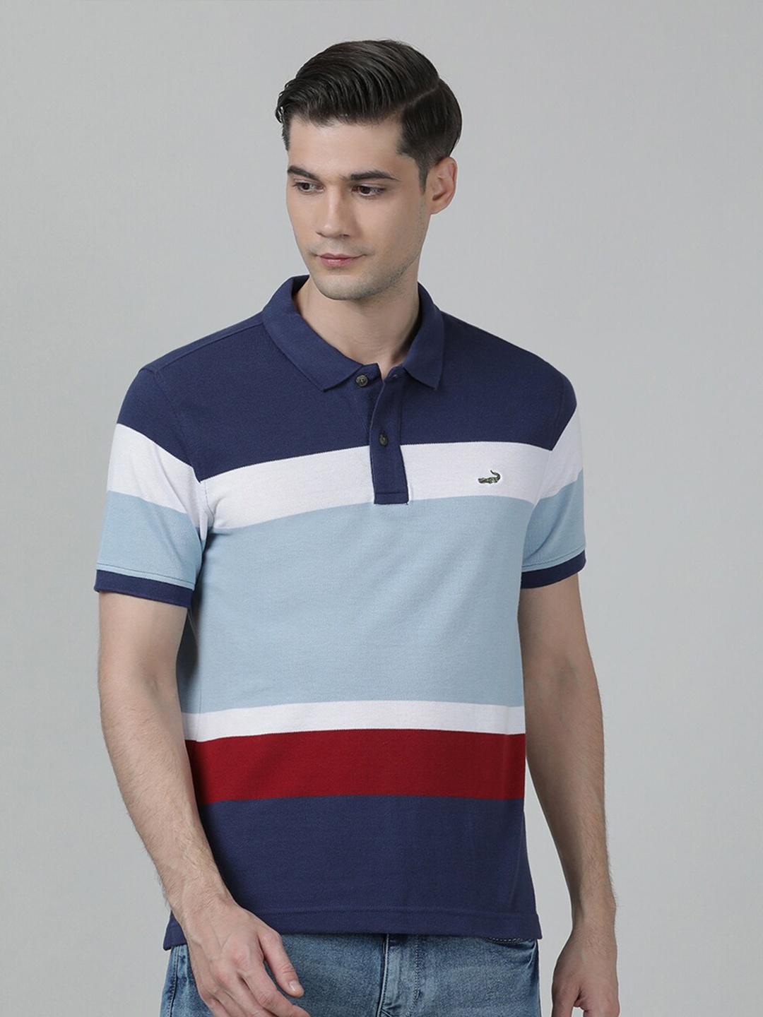 

Crocodile Men Striped Polo Collar Slim Fit Cotton T-shirt, Navy blue