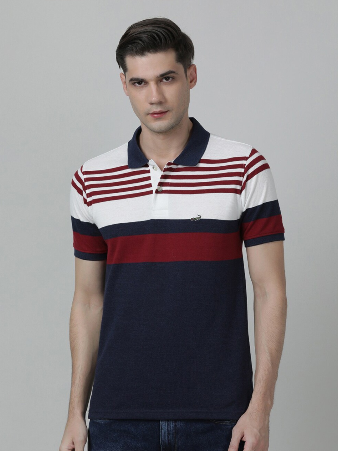 

Crocodile Men Striped Polo Collar Cotton Slim Fit T-shirt, Blue