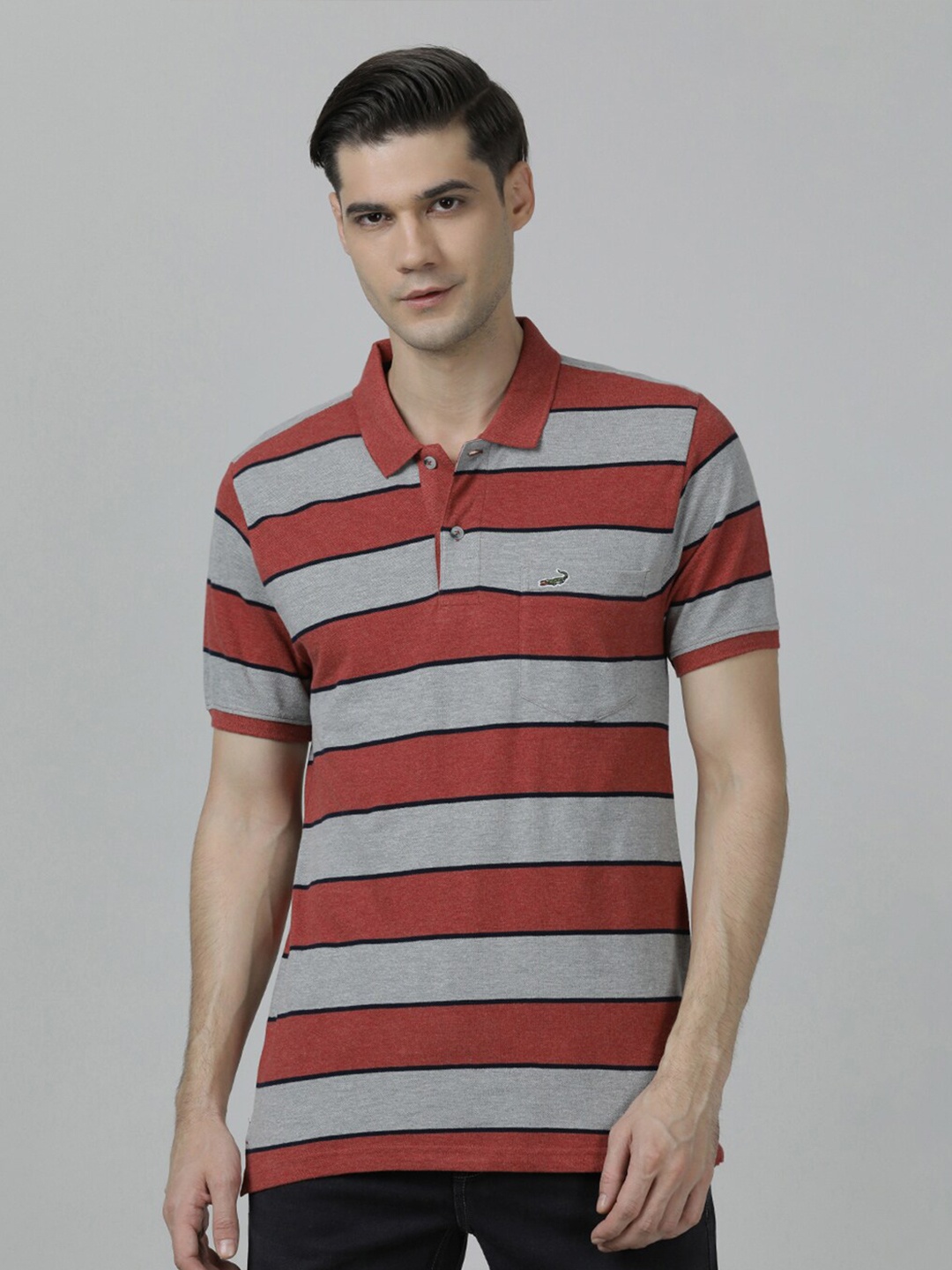 

Crocodile Men Striped Polo Collar Cotton Slim Fit T-shirt, Rust