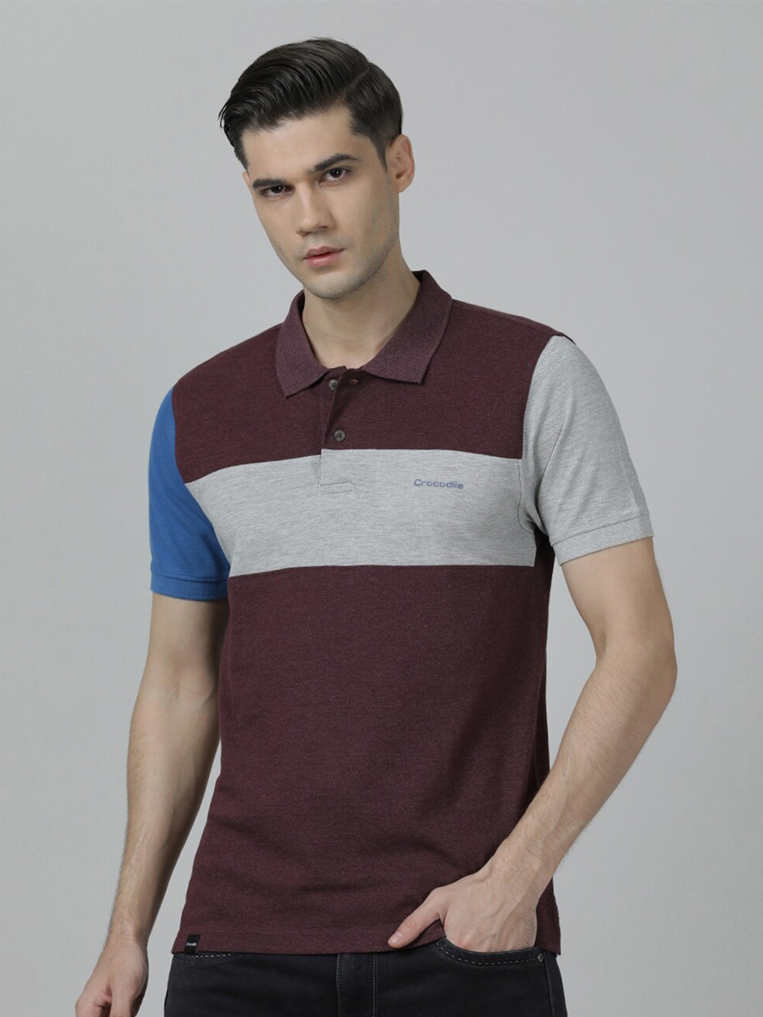 

Crocodile Men Maroon Colourblocked Polo Cotton T-shirt, Coffee brown