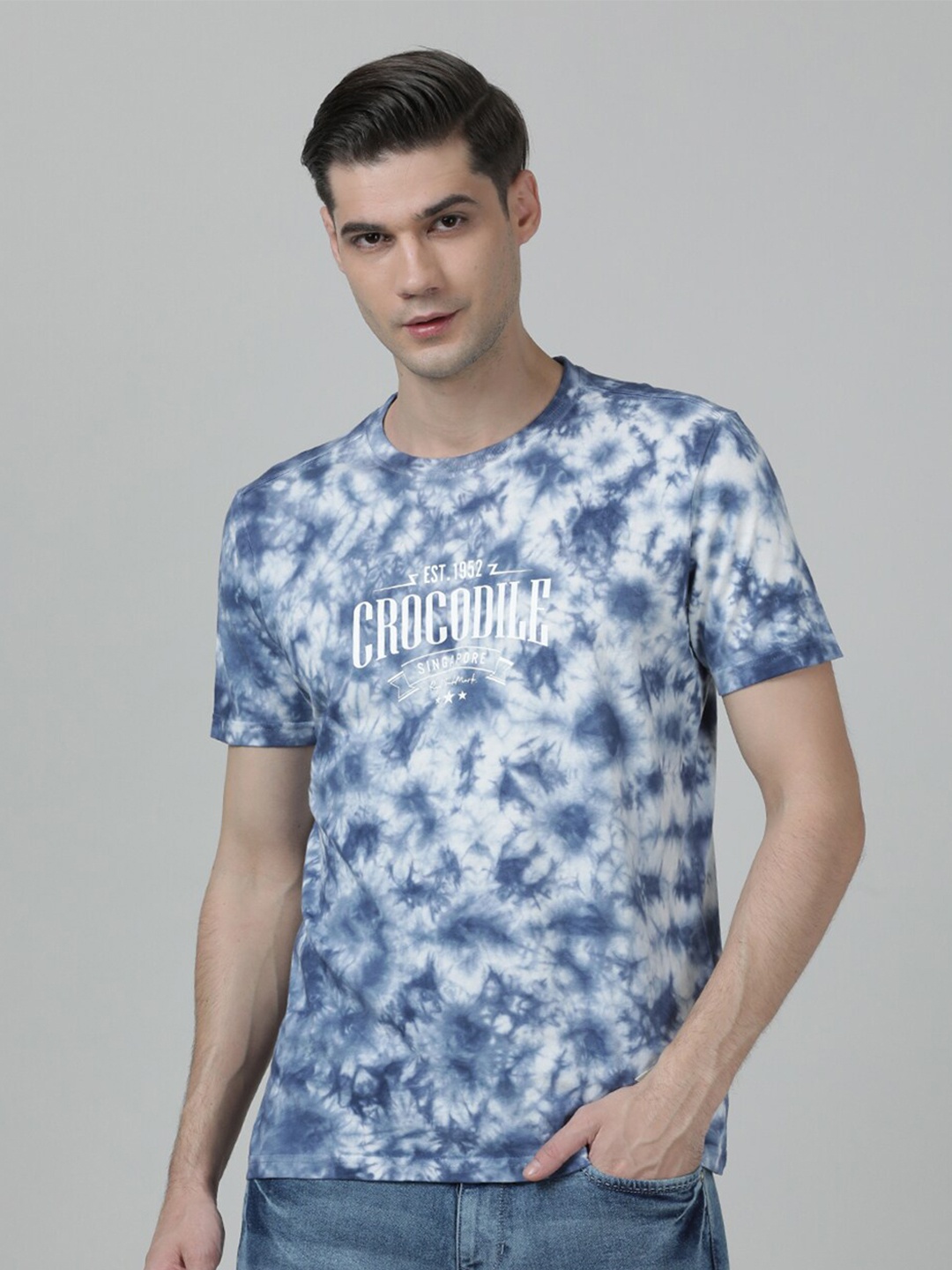 

Crocodile Men Tie and Dye Dyed Slim Fit Cotton T-shirt, Blue