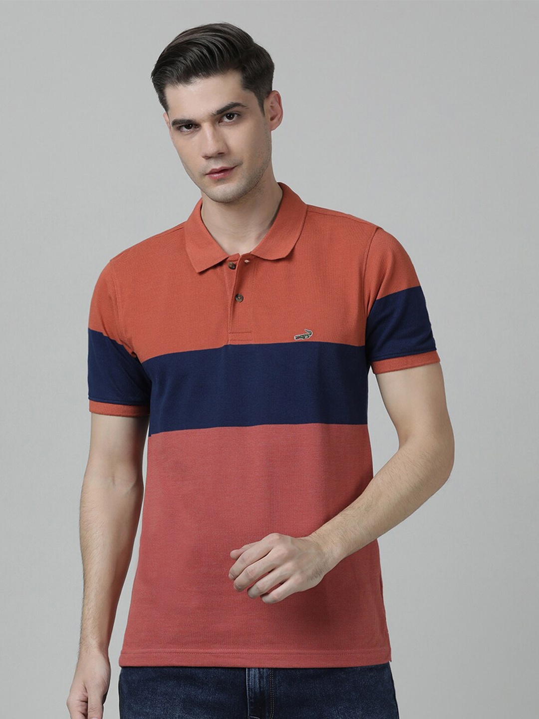 

Crocodile Men Colourblocked Polo Collar Slim Fit Cotton T-shirt, Rust
