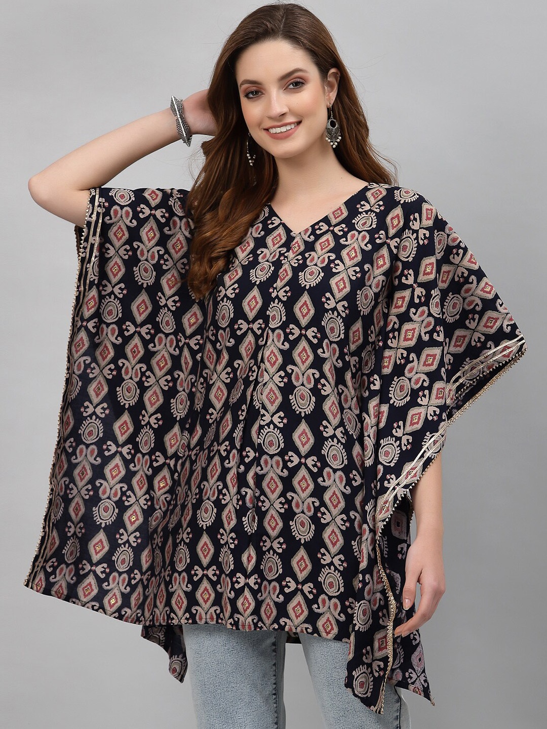 

TANKHI Paisley Printed V-Neck Flared Sleeves Modal Kaftan Kurti, Blue