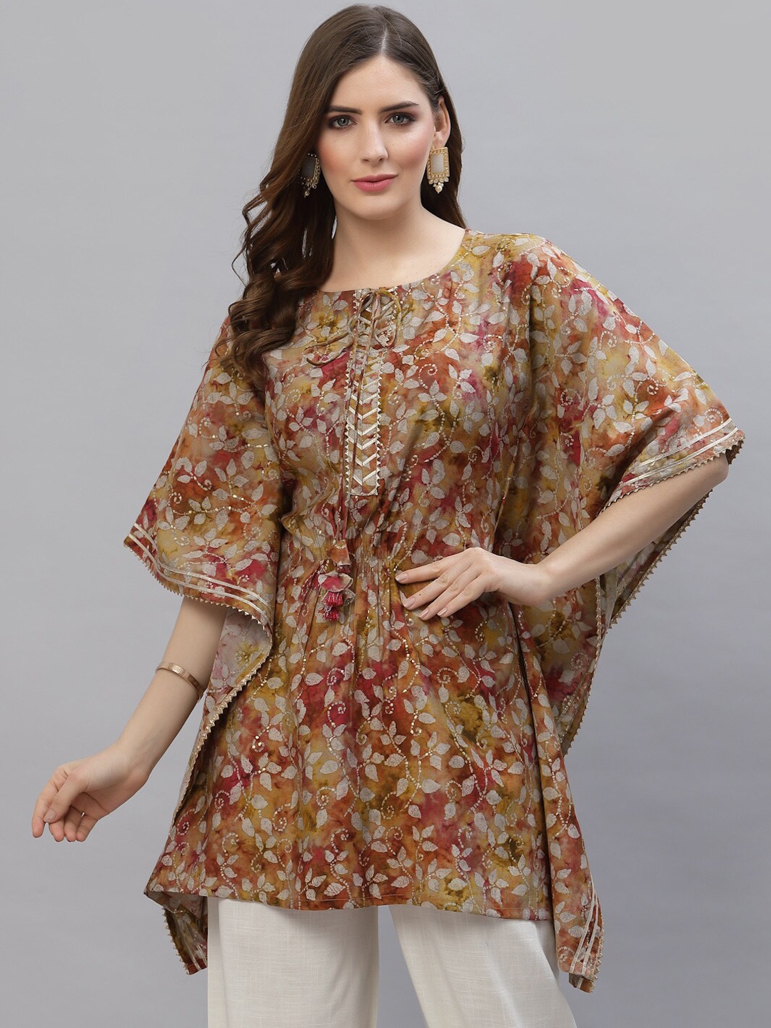 

TANKHI Women Floral Printed Tie-Up Neck Kaftan, Yellow