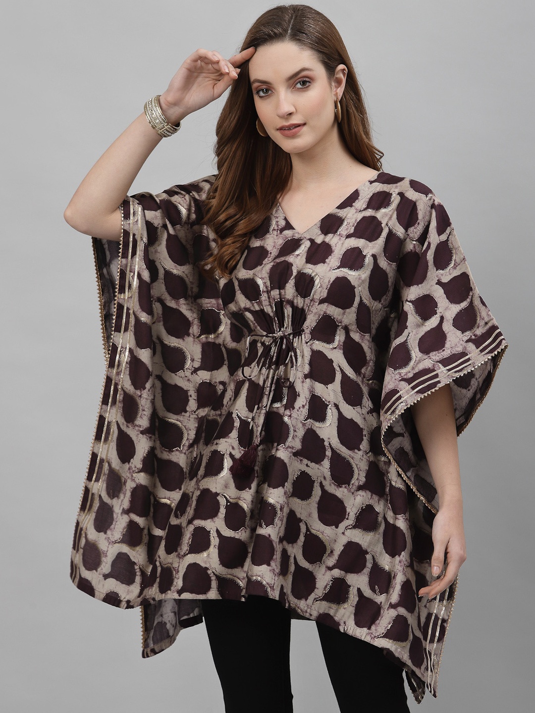 

TANKHI Floral Printed Flared Sleeves Kaftan Kurti, Burgundy