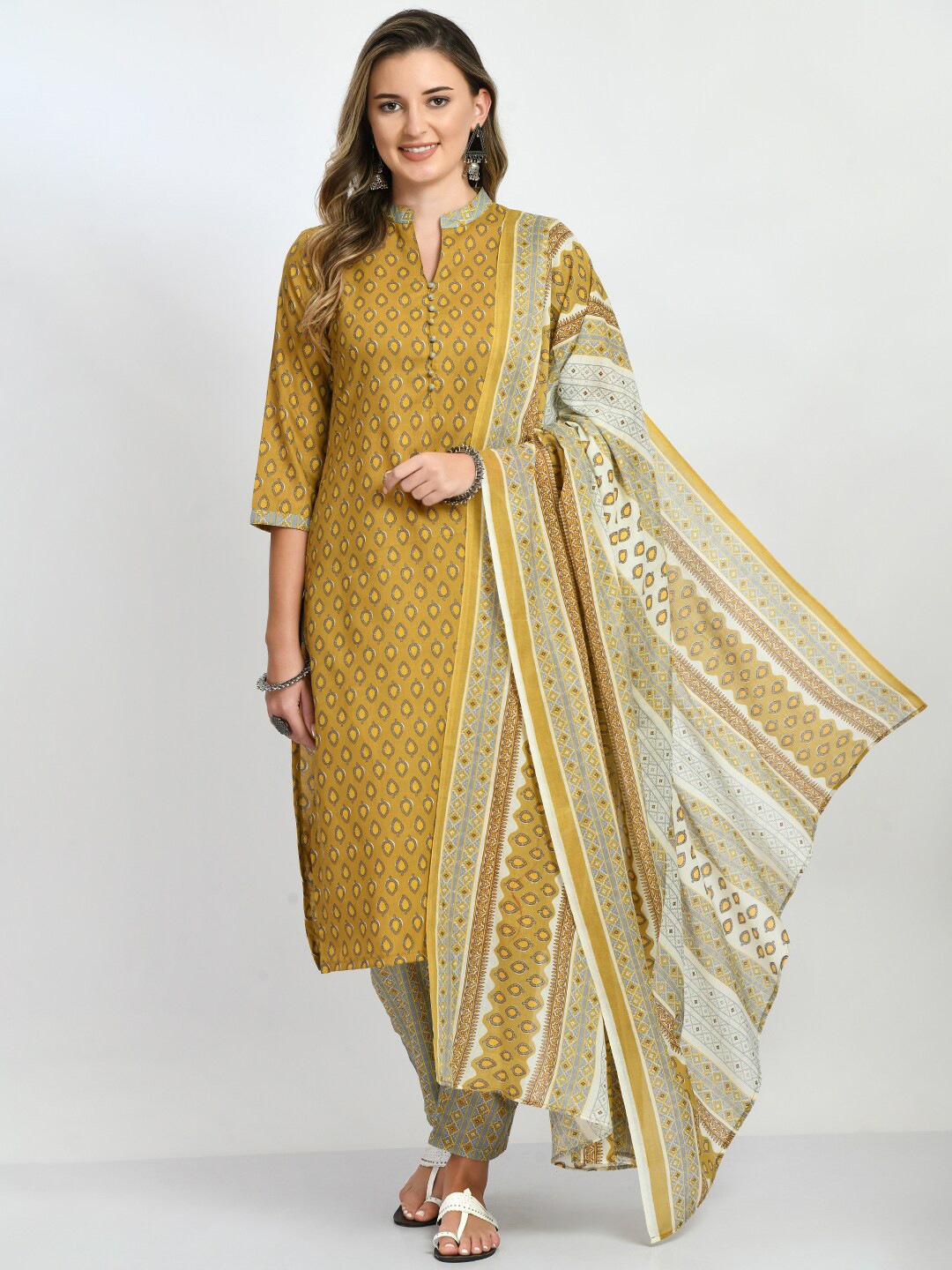 

Akshatani Ethnic Motifs Printed Pure Cotton Kurta with Trousers & Dupatta, Beige