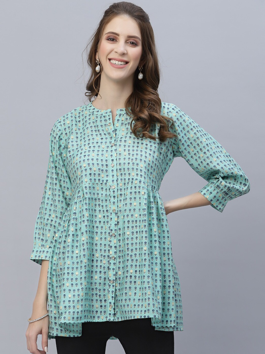 

TANKHI Modal Mandarin Collar Ethnic Motifs Printed Tunic, Blue