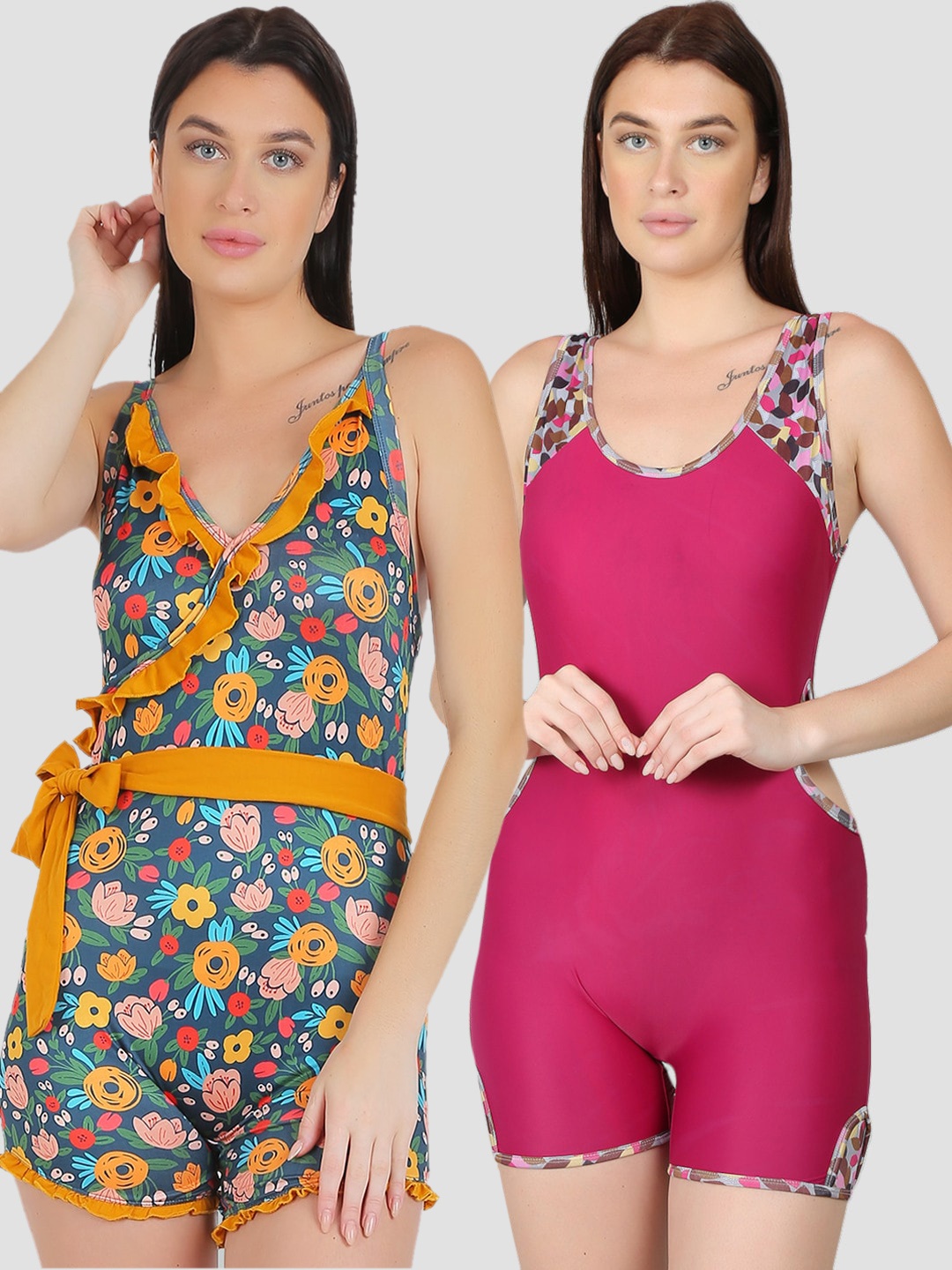 

N-Gal Women Pack Of 2 Printed Padded Legsuit Swimwear, Blue