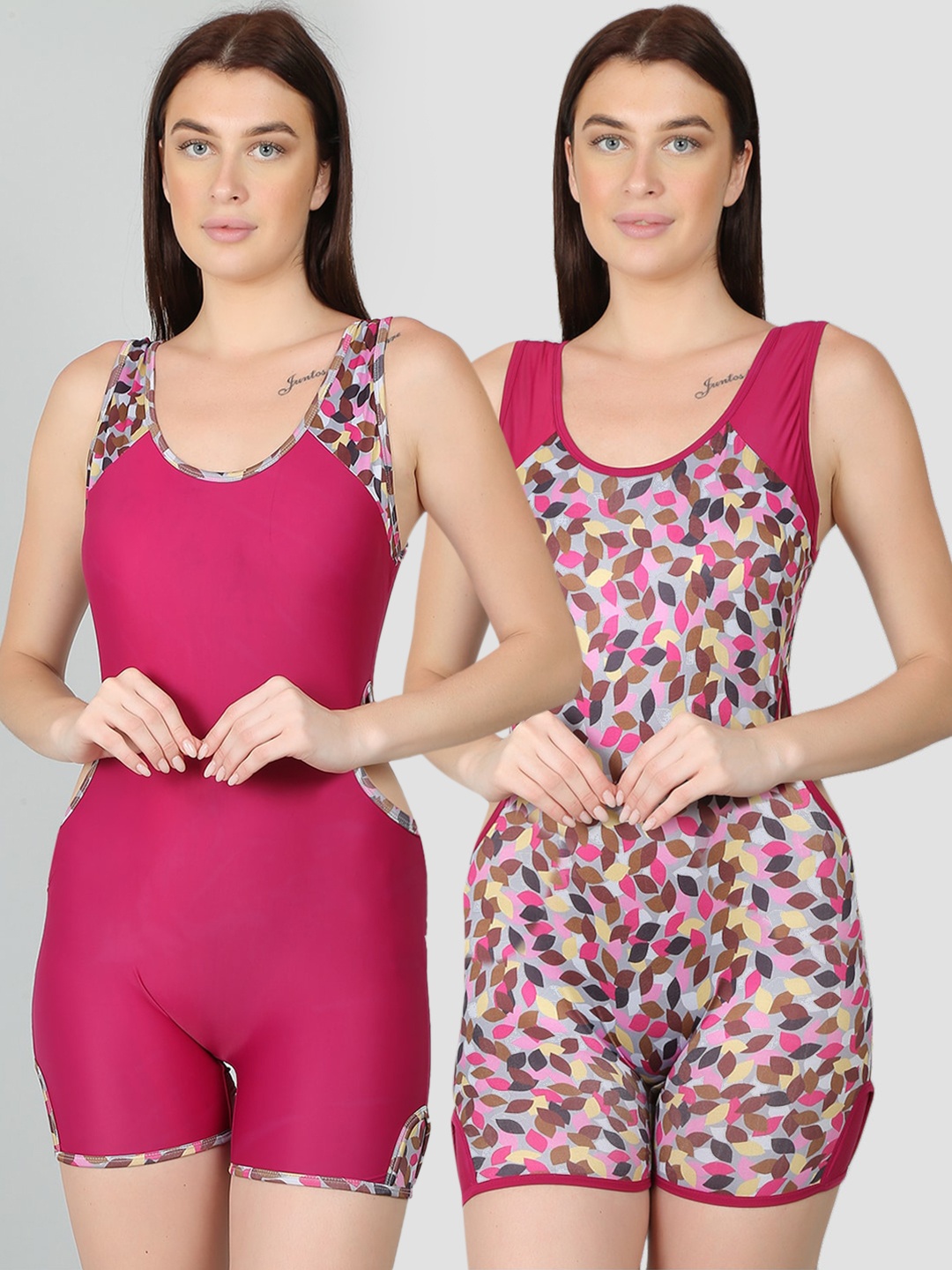 

N-Gal Women Pack Of 2 Printed Padded Legsuit Swimwear, Magenta