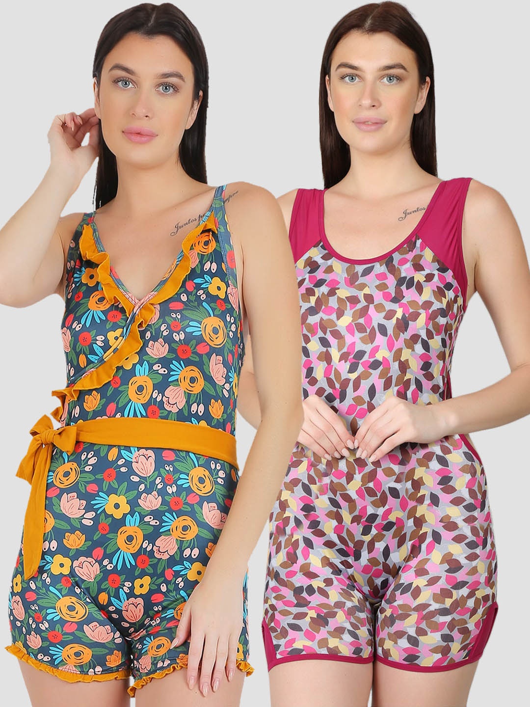 

N-Gal Women Pack Of 2 Printed Padded Legsuit Swimwear, Mustard