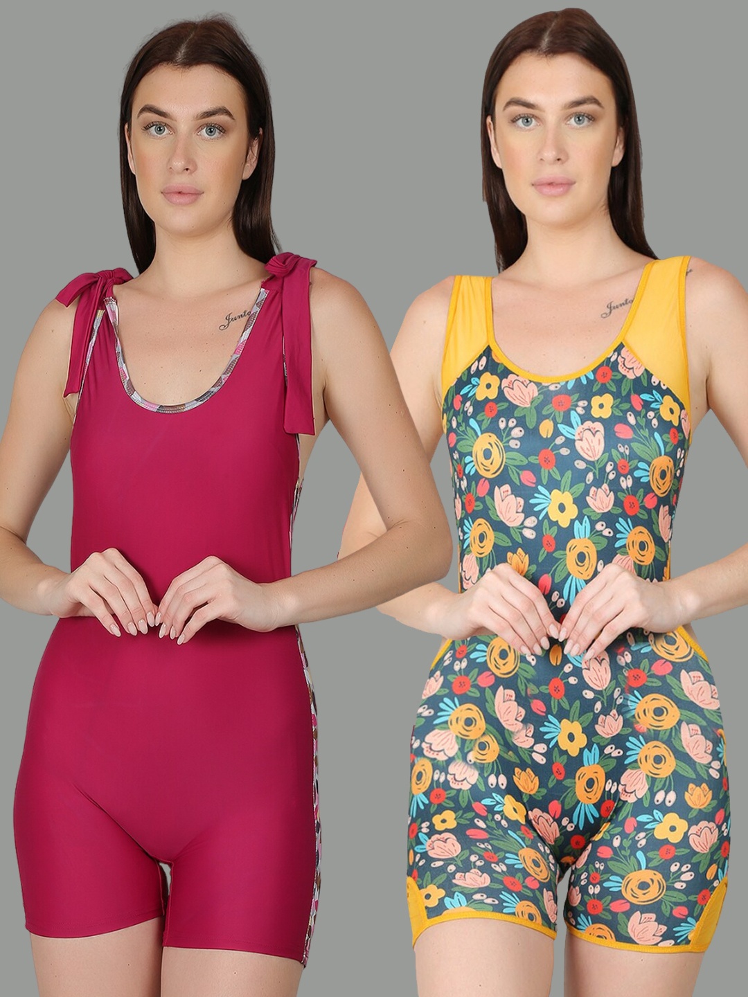 

N-Gal Women Pack Of 2 Printed Padded Legsuit Swimwear, Magenta